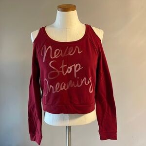 ‘Never Stop Dreaming’ crop cold shoulder light sweatshirt raw edges burgundy Med
